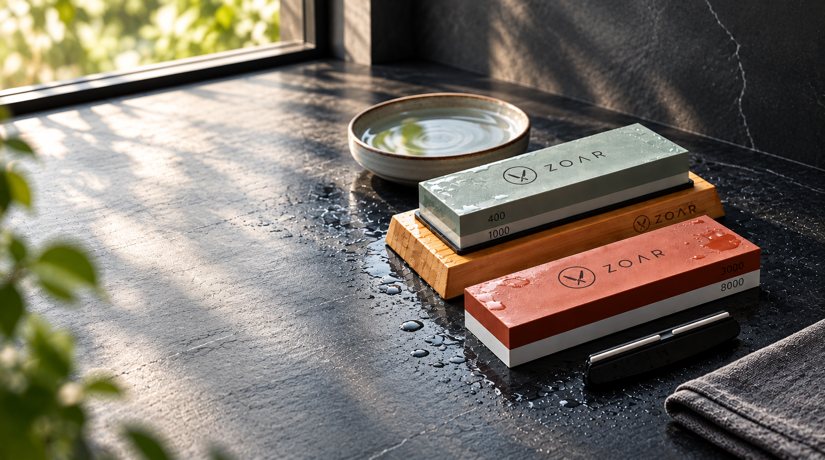 Zoar dual-grit whetstones on a bamboo base on wet slate in morning light